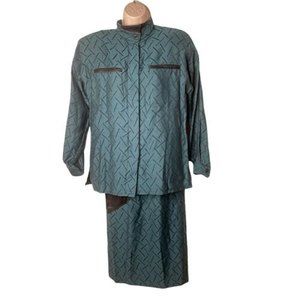 Vintage DOMINIC BELLISSIMO Leather & Wool Jacket & Skirt Size 6 Green Black a29